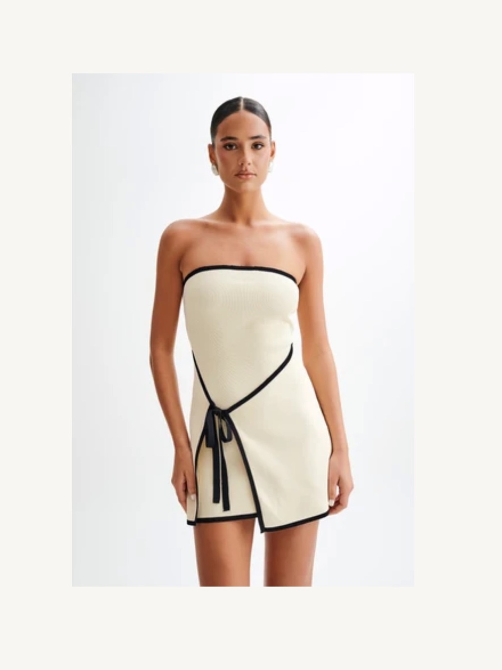 Meshki Cream Strapless Mini Dress with Black Trim